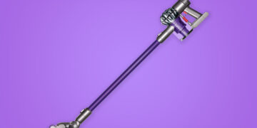 This is the cover photo for our Best Cordless Vacuum article. It features a cordless Dyson vacuum cleaner overlaid on a purple background with an embossed Burbro logo.