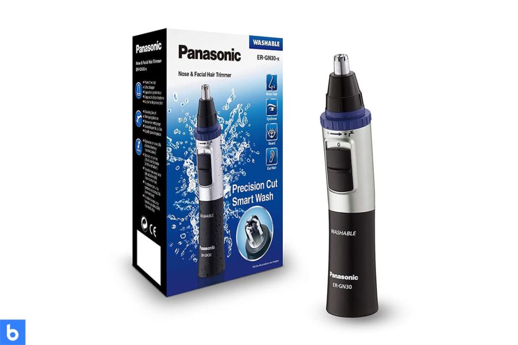 This is a photo of a Panasonic ER-GN30-K Nose Hair Trimmer overlaid on a minimalistic white background with a Burbro logo.