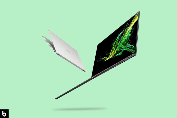 This is the cover photo for our Best Lightweight Laptops article. It features an Acer laptop floating in the air, overlaid on a light green background with an embossed Burbro logo.