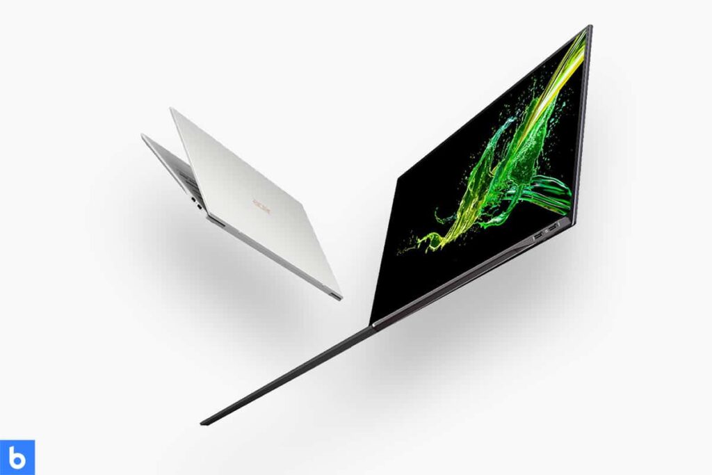 This is a product image in our Best Lightweight Laptop in 2023 article. It is a photo of a Acer Swift 7 Laptop overlaid on a minimalistic white background with a Burbro logo.