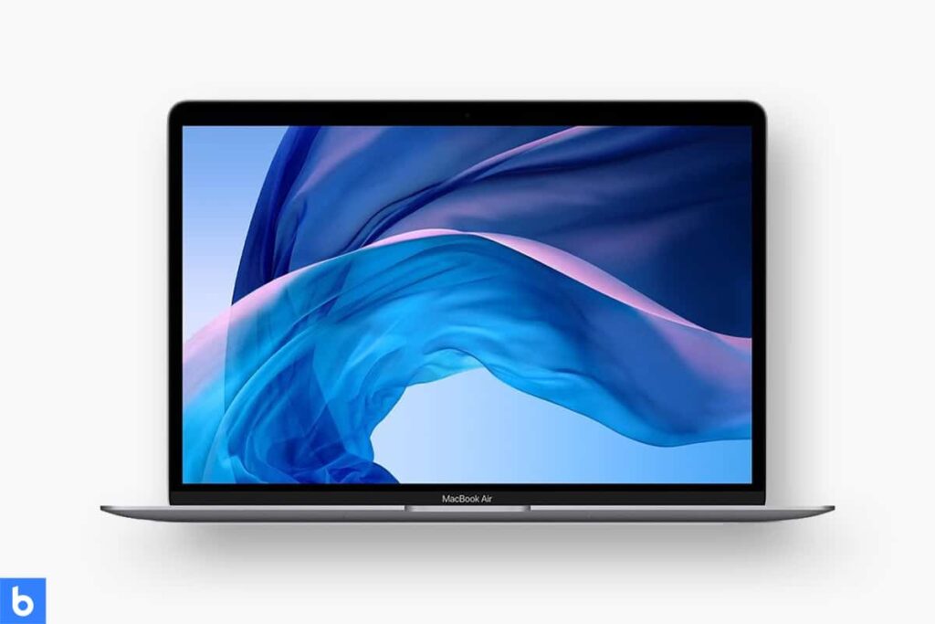 This is a product image in our Best Lightweight Laptop in 2023 article. It is a photo of a MacBook Air overlaid on a minimalistic white background with a Burbro logo.
