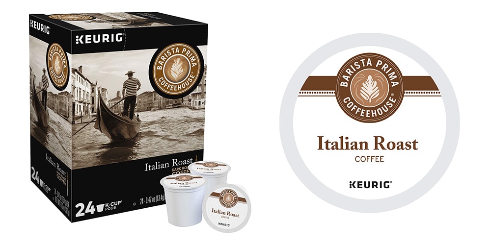 This is a photo of Barista Prima Coffeehouse Italian Roast Coffee K-Cups overlaid on a minimalistic white background with a Burbro logo. This image was updated in 2022.