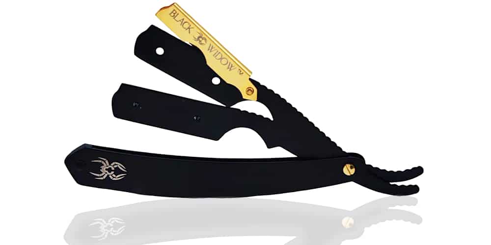 This is a photo of a Black Widow Straight Edge Razor overlaid on a minimalistic white background with a Burbro logo.