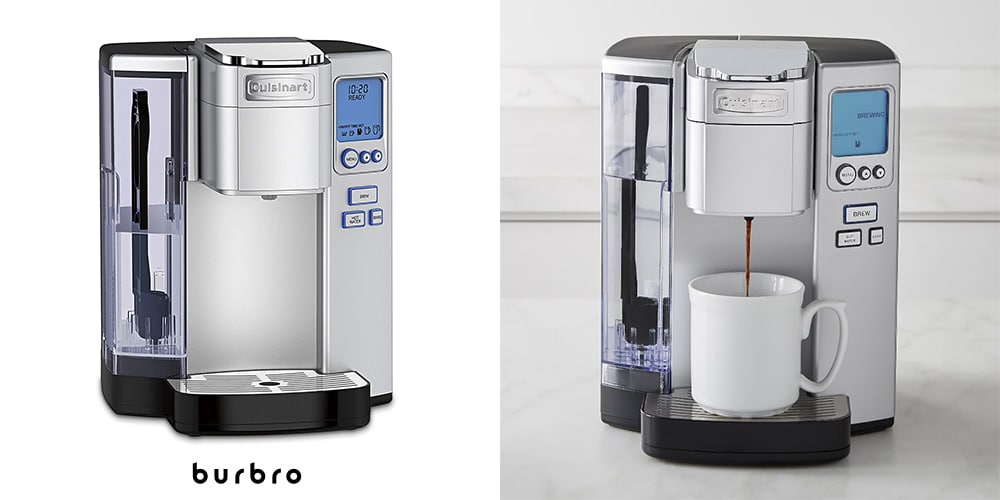 This is a photo of a Cuisinart SS-10 Premium Brewer with a white cup overlaid on a minimalistic white background with a Burbro logo.