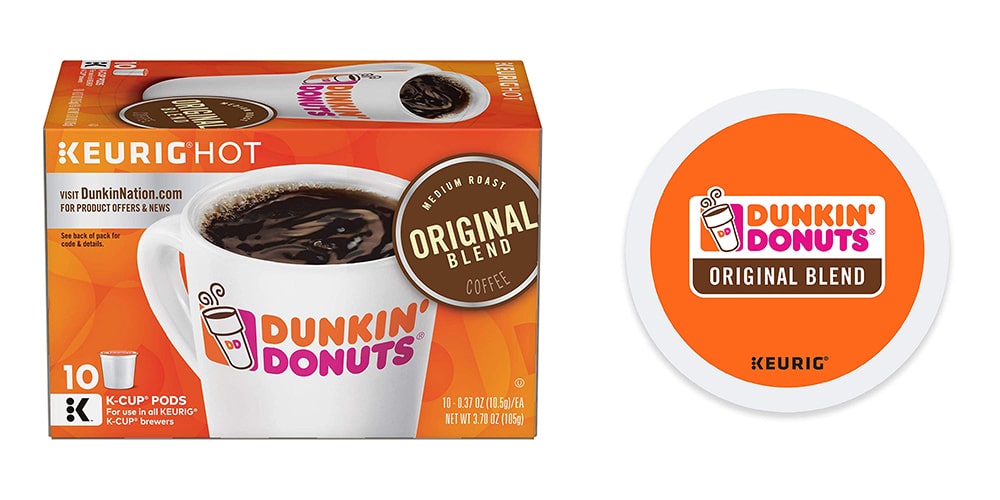 This is a photo of Dunkin Donuts Original Coffee K-Cups overlaid on a minimalistic white background with a Burbro logo. This image was updated in 2022.