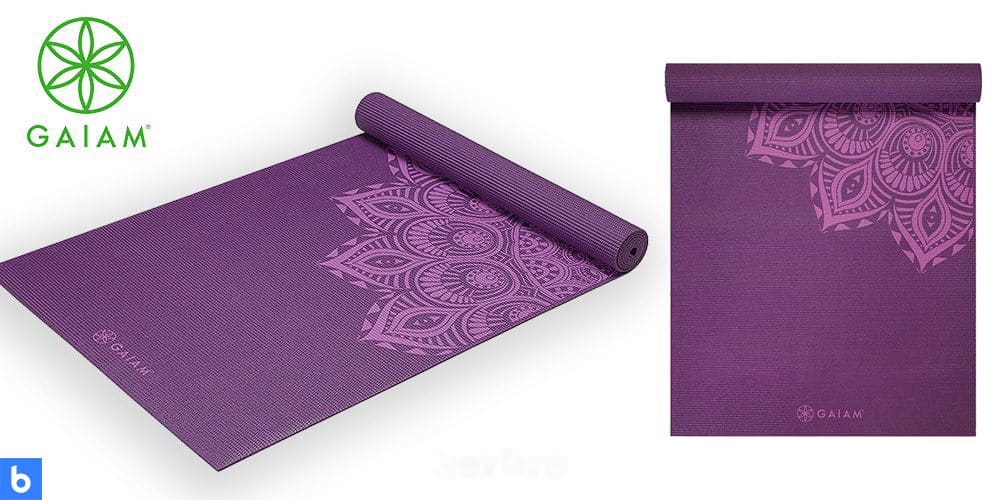 This is a photo of the Gaiam Premium Print Yoga Mat overlaid on a minimalistic white background with a Burbro logo.