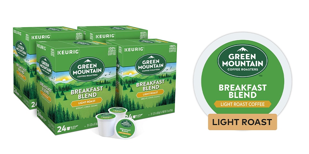 This is a photo of Light Roast Breakfast Blend Coffee K-Cups by Green Mountain overlaid on a minimalistic white background with a Burbro logo.