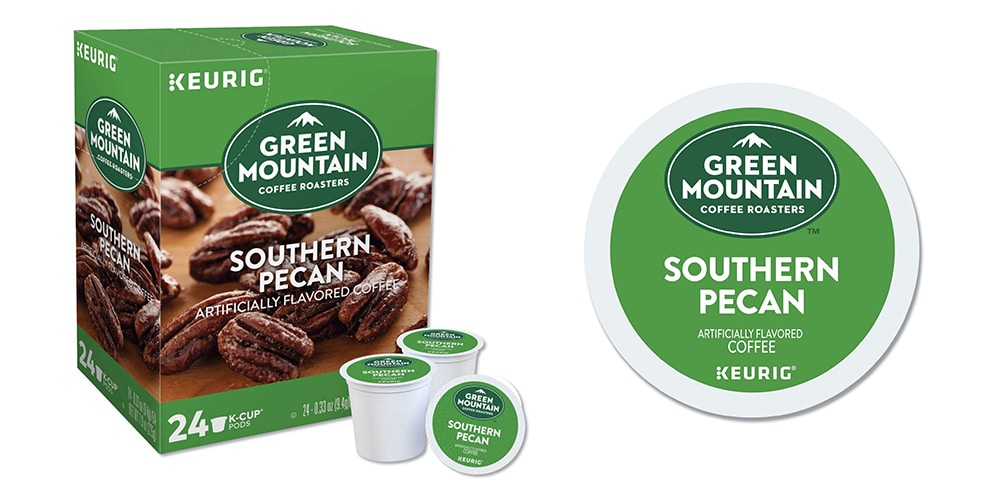 This is a photo of Green Mountain Southern Pecan Coffee K-Cups overlaid on a minimalistic white background with a Burbro logo.