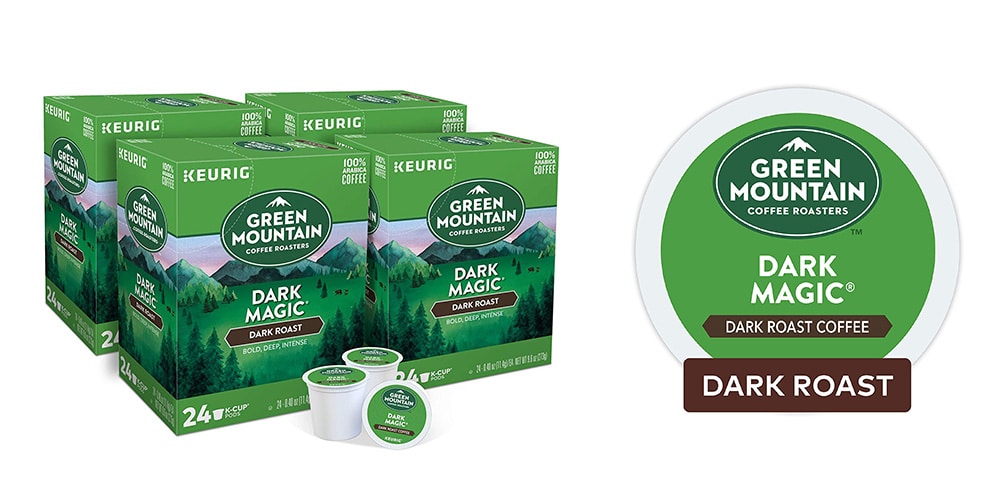 This is a product image in our Best K-Cup Coffee 2022 article. It is a photo of Green Mountain Dark Magic coffee overlaid on a minimalistic white background with a Burbro logo.