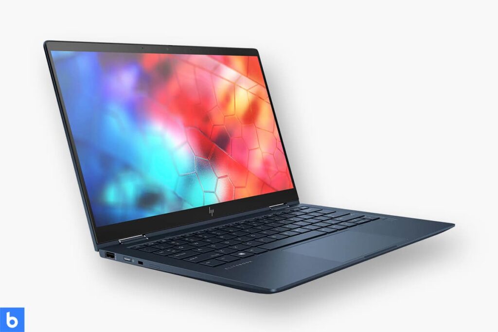 This is a product image in our Best Business Laptop for 2022 article. It is a photo of an HP Elite Dragonfly Laptop overlaid on a minimalistic white background with a Burbro logo.