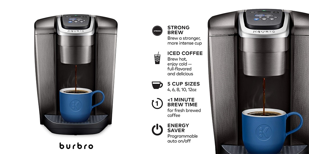 This is a photo of a Keurig K-Elite Brewing Machine with a blue cup overlaid on a minimalistic white background with a Burbro logo.