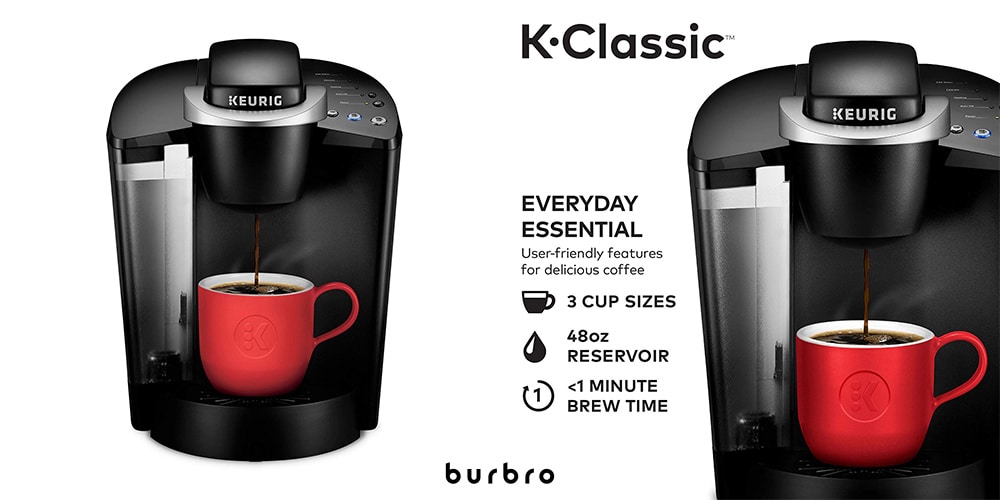 This is a product image in our Best Single Serve Coffee Maker 2024 article. It is a photo of a Keurig K55 coffee maker with a red cup overlaid on a minimalistic white background with a Burbro logo.