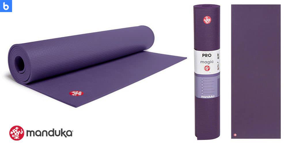 This is a photo of the Manduka Pro Yoga Mat overlaid on a minimalistic white background with a Burbro logo.