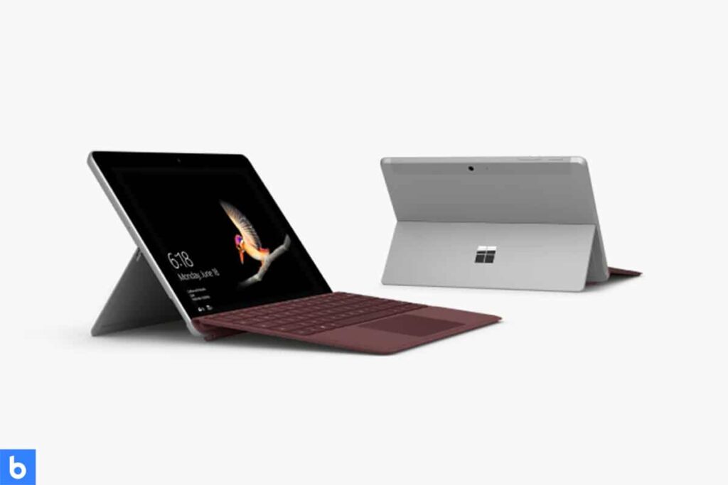 This is a product image in our Best Lightweight Laptop in 2023 article. It is a photo of a Microsoft Surface Go laptop overlaid on a minimalistic white background with a Burbro logo.