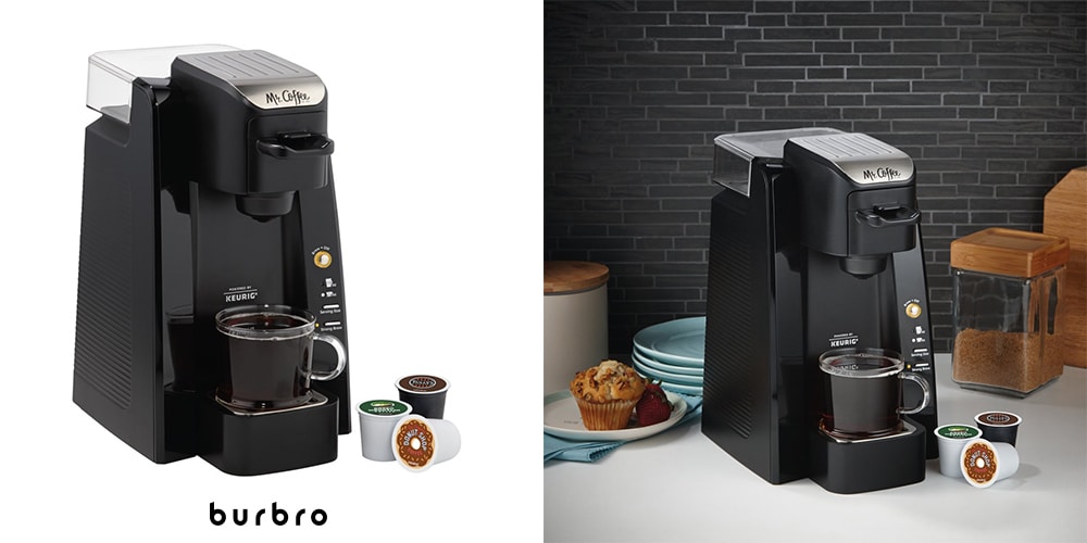 This is a photo of a Mr. Coffee Single Serve Coffee Brewer with a clear espresso cup overlaid on a minimalistic white background with a Burbro logo.