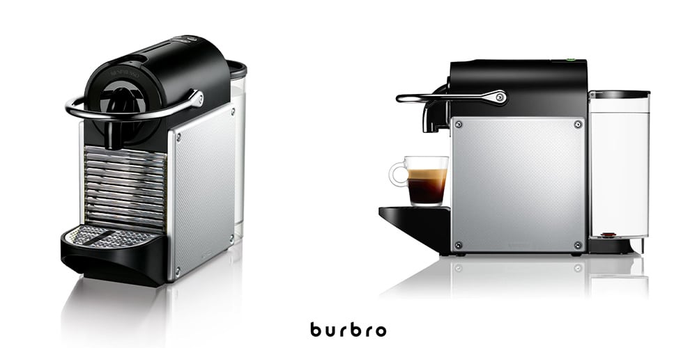 This is a photo of a Nespresso Pixie Coffee Maker with a clear espresso cup overlaid on a minimalistic white background with a Burbro logo.