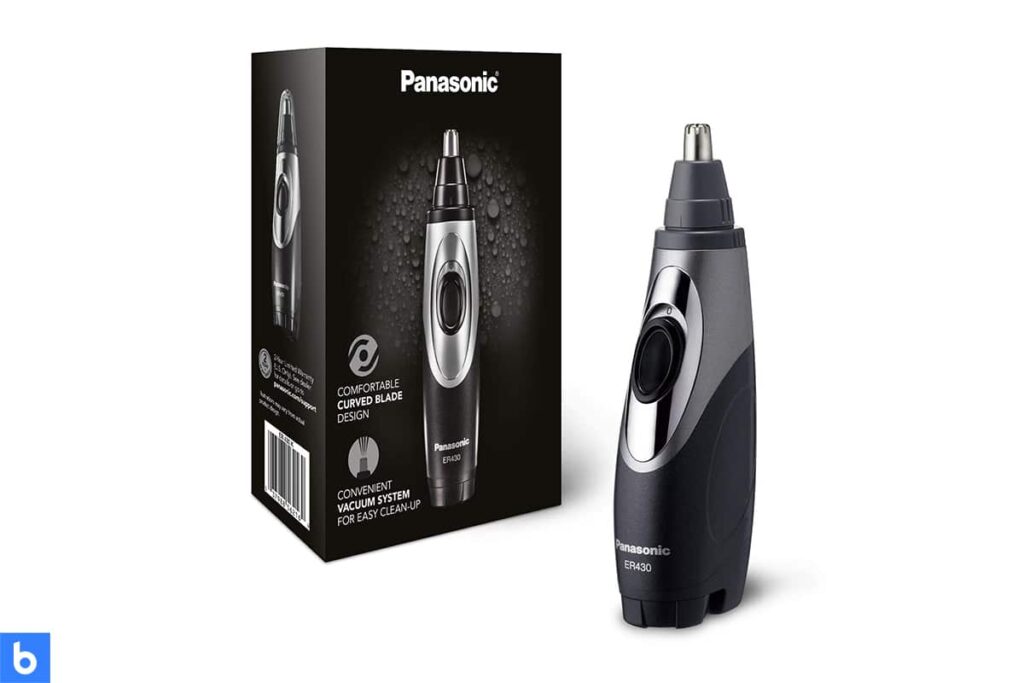 This is a photo of a Panasonic ER430K Nose Hair Trimmer overlaid on a minimalistic white background with a Burbro logo.