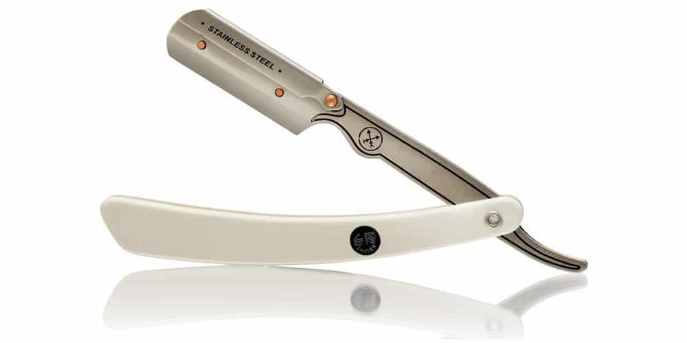 This is a photo of a Parker SRW Straight Edge Razor overlaid on a minimalistic white background with a Burbro logo.
