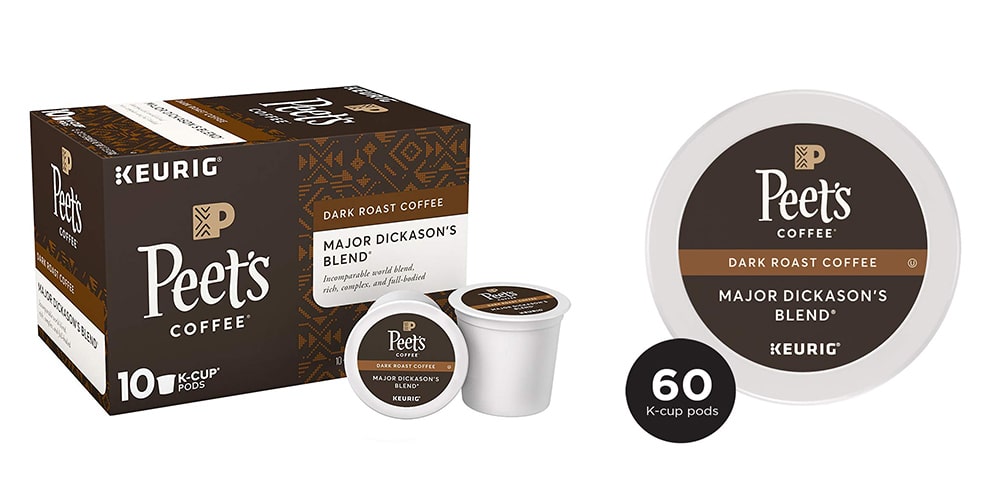 This is a photo of Peet's Coffee Major Dickason Dark Roast Coffee K-Cups overlaid on a minimalistic white background with a Burbro logo.