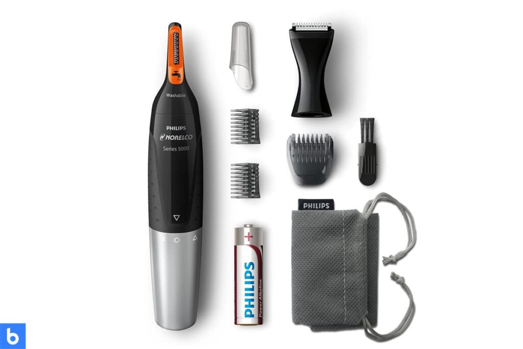 This is a product image in our Best Nose Hair Trimmers in 2024 article. It is a photo of a Philips Norelco 5100 Nose Hair Trimmer overlaid on a minimalistic white background with a Burbro logo.