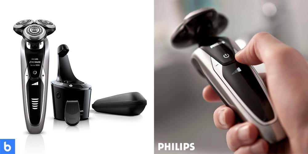 This is a product image in our Best Electric Shavers in 2022 article. It is a photo of the Philips Norelco 9300 Electric Shaver overlaid on a minimalistic white background with a Burbro logo.