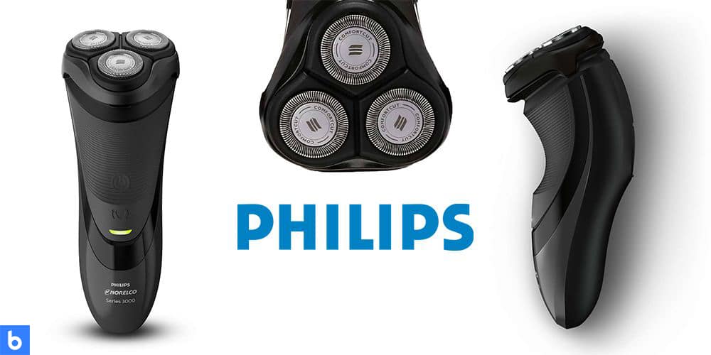 This is a product image in our Best Electric Shavers in 2022 article. It is a photo of the Philips Norelco 3100 Electric Shaver overlaid on a minimalistic white background with a Burbro logo.
