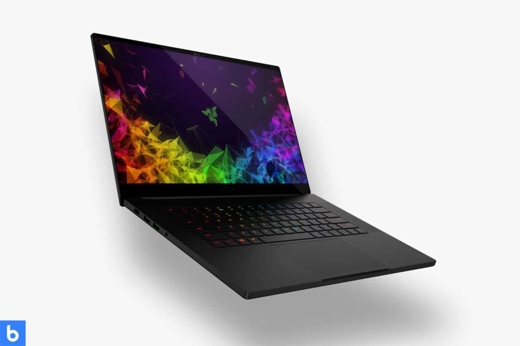 This is a product image in our Best Touchscreen Laptops in 2023 article. It is a photo of a Razer Blade 15 Laptop overlaid on a minimalistic white background with a Burbro logo.