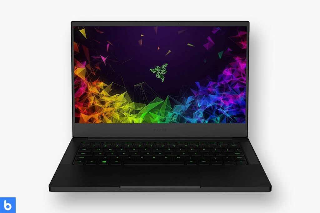 This is a product image in our Best Lightweight Laptop in 2023 article. It is a photo of a Razer Blade Stealth laptop overlaid on a minimalistic white background with a Burbro logo.