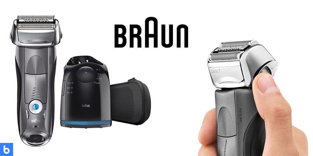This is a product image in our Best Electric Shavers in 2022 article. It is a photo of the Braun Series 7 - 7865 Wet and Dry Electric shaver overlaid on a minimalistic white background with a Burbro logo.