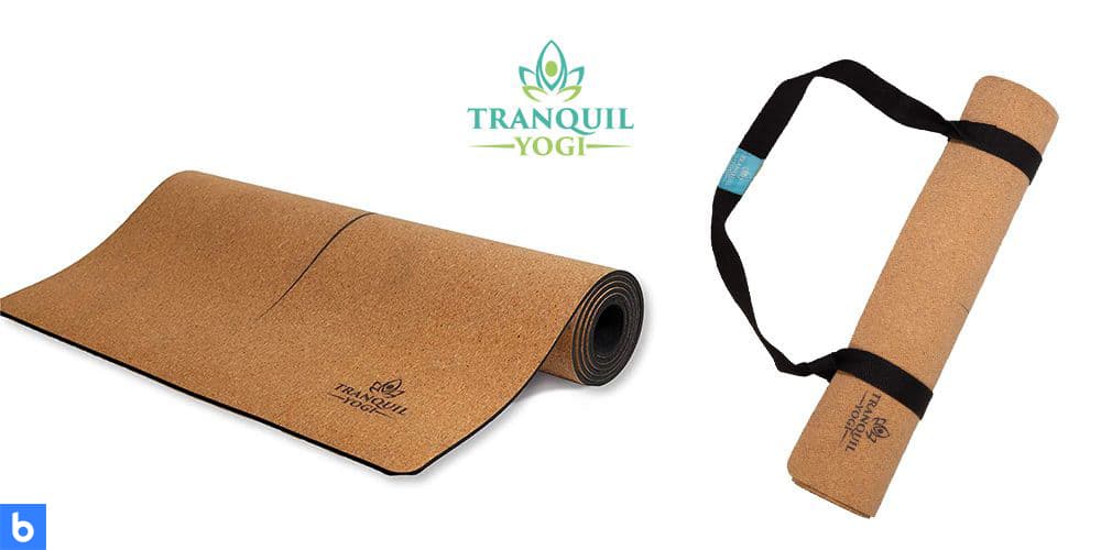 This is a photo of the Tranquility Cork Yoga Mat overlaid on a minimalistic white background with a Burbro logo.