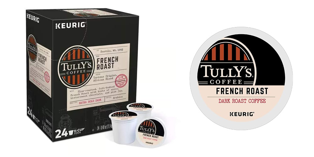 This is a photo of Tully's French Roast Coffee K-Cups overlaid on a minimalistic white background with a Burbro logo.