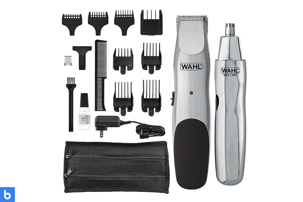 This is a photo of a Wahl Groomsman Trimmer Kit overlaid on a minimalistic white background with a Burbro logo.