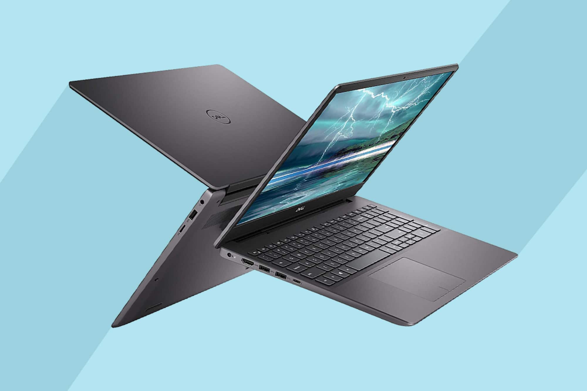 This is the cover photo for our Best Laptops for College Students article. It features two Dell XPS 13 laptops, back to back, hoving in limbo with a blue background with stripes.