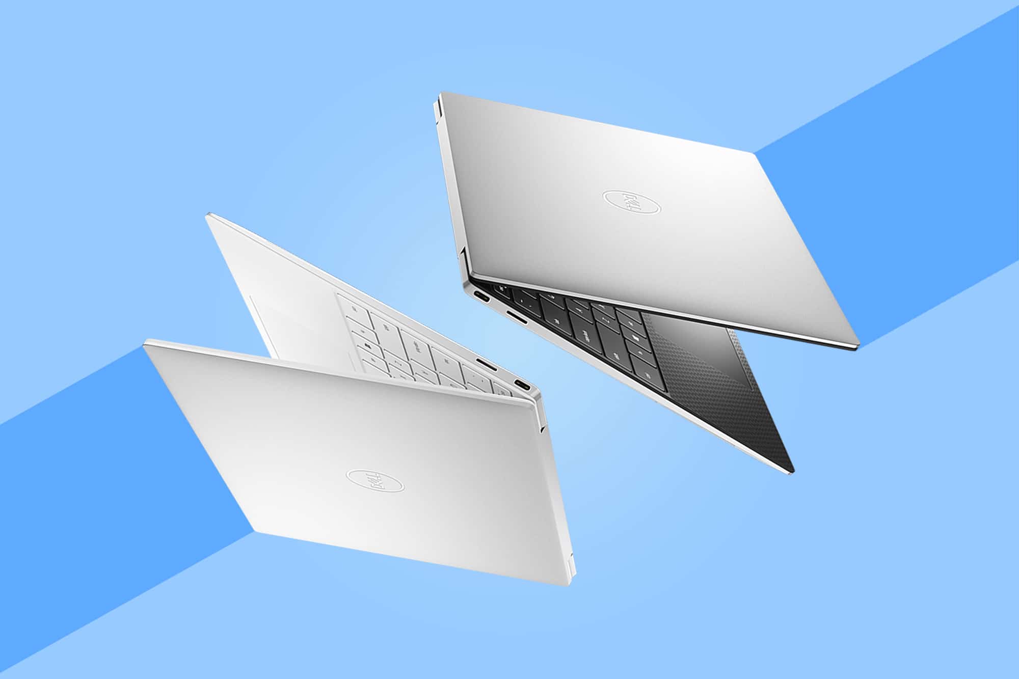 This is the cover photo for our Best Touchscreen Laptops article. It features two Dell XPS laptops hovering in the air, with a blue background.