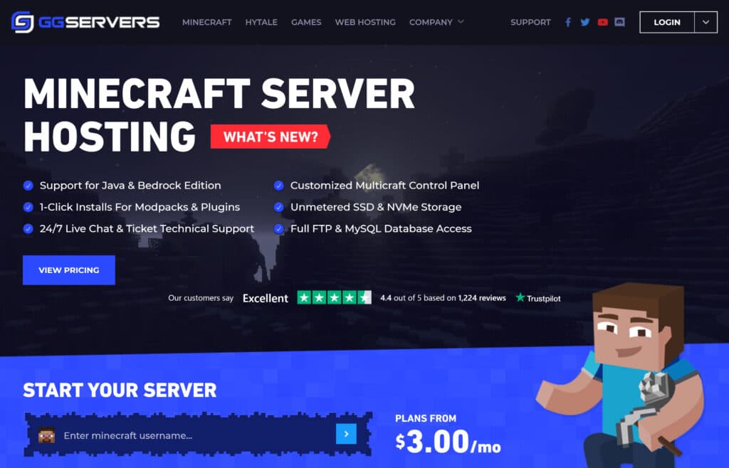 This is a screen capture of GG Server's home page with Minecraft hosting offers.