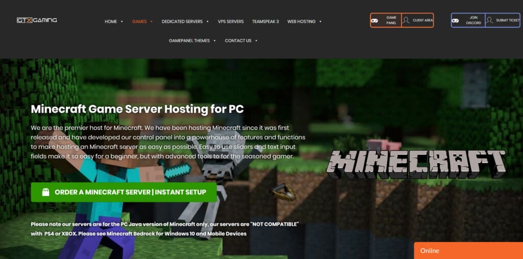 This is a screenshot of GTX Gaming's home page for Minecraft server hosting.
