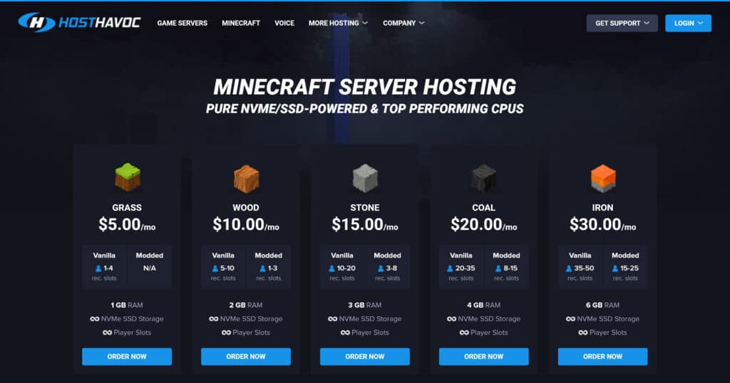 This is the screen capture of Host Havoc's home page, with various Minecraft hosting pricing options.