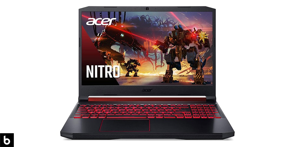 This is a product image in our Best Gaming Laptops Under $1500 in 2023 article. It is a photo of an Acer Nitro 5 Gaming Laptop overlaid on a minimalistic white background with a Burbro logo.
