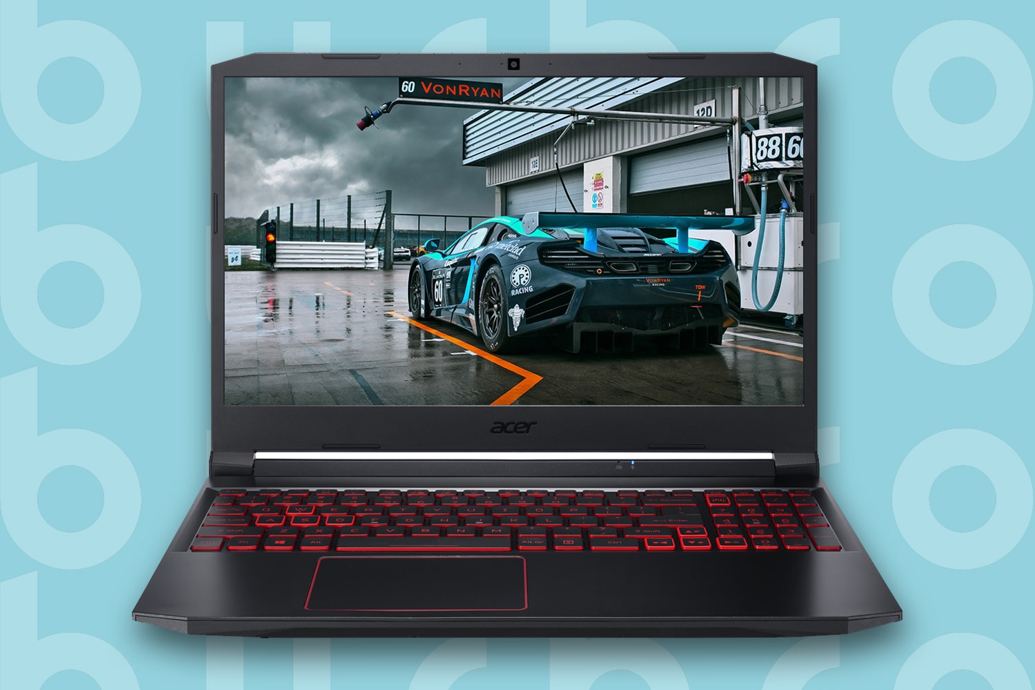 This is the cover for our Best Gaming Laptop Under $1500 article. It features Acer Nitro 5 laptop overlaying a turquoise background with an embossed Burbro logo.