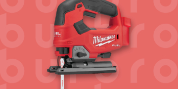 This is the cover photo for our Best Jigsaw article. It features a red Milwaukee jigsaw overlaying a light red poster background with an embossed Burbro logo.