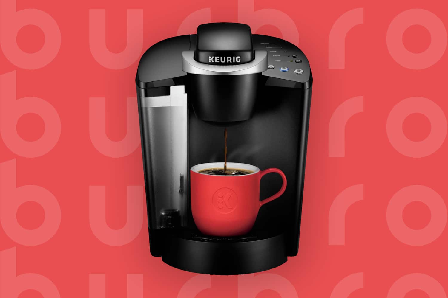 This is the cover photo in our Best Keurig Coffee Maker article. It features a black and silver Keurig machine overlaying a cherry red poster background with an embossed Burbro logo.