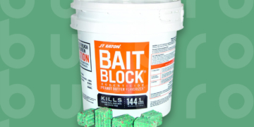 This is the cover photo for our Best Mouse Poison article. It features a bucket of JT Eaton Bait Block rodenticide overlaying a green background with an embossed Burbro logo.