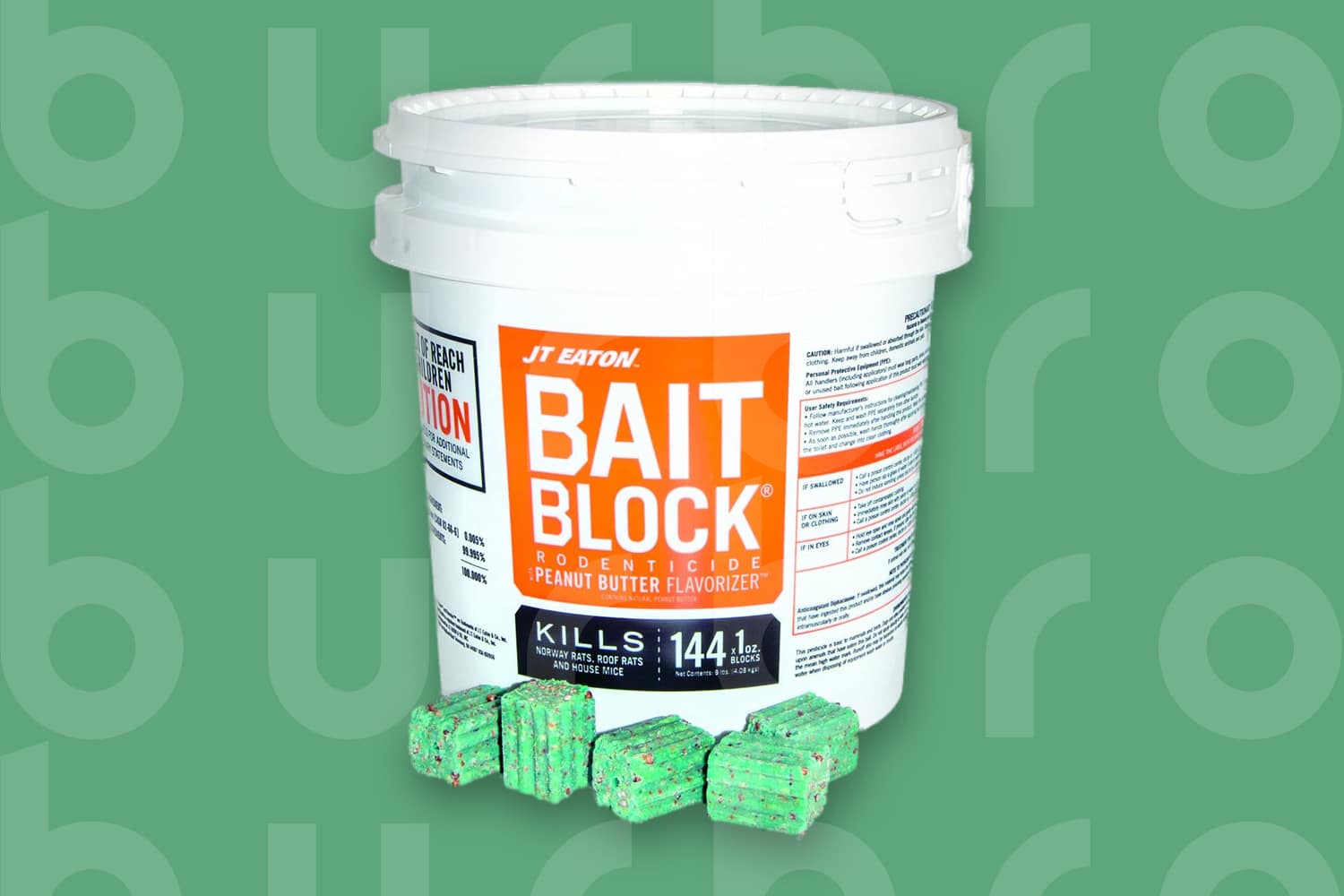 This is the cover photo for our Best Mouse Poison article. It features a bucket of JT Eaton Bait Block rodenticide overlaying a green background with an embossed Burbro logo.