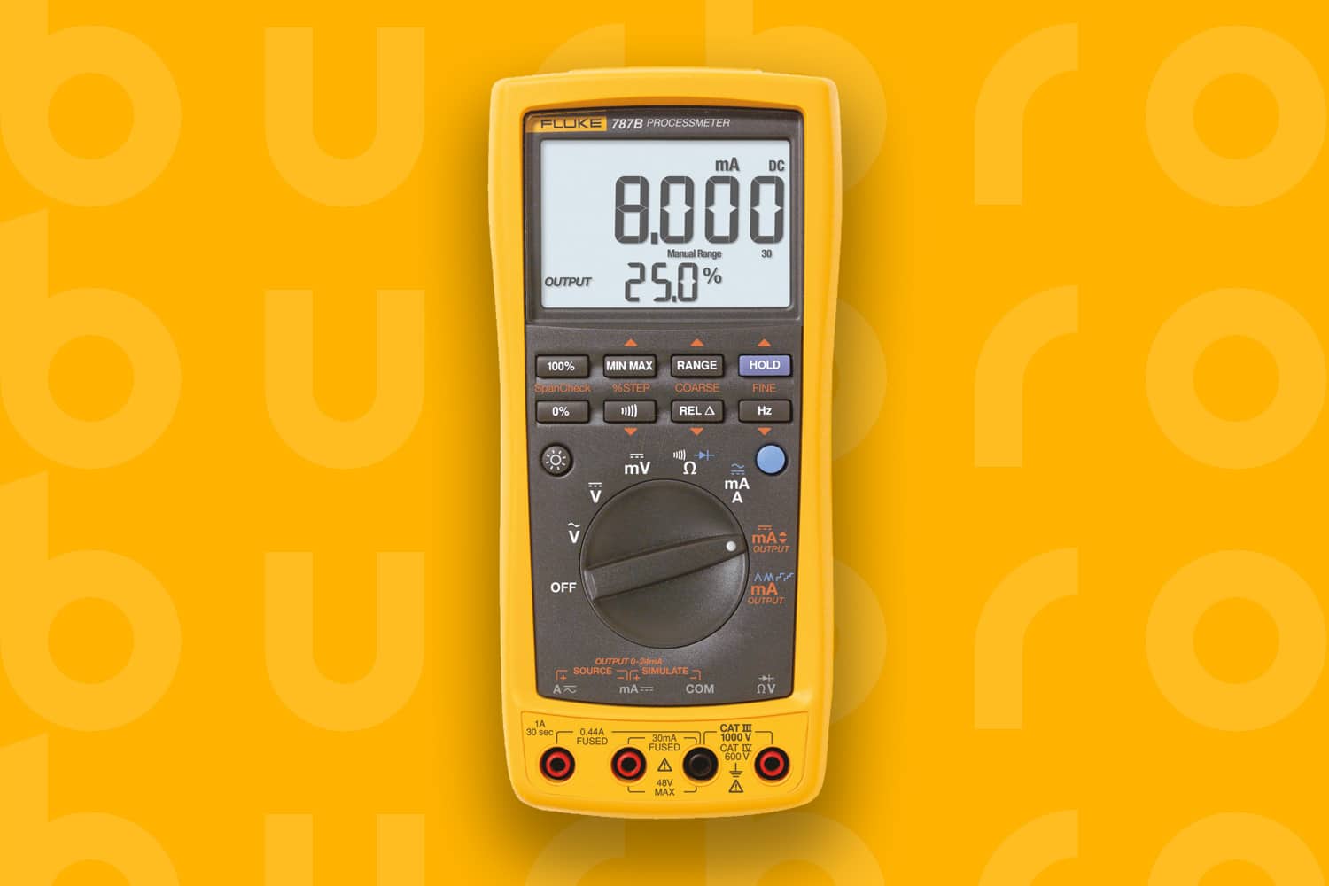 This is the cover photo for our Best Multimeter article. It features a yellow Fluke multimeter overlaid on a yellow poster background with an embossed Burbro logo.