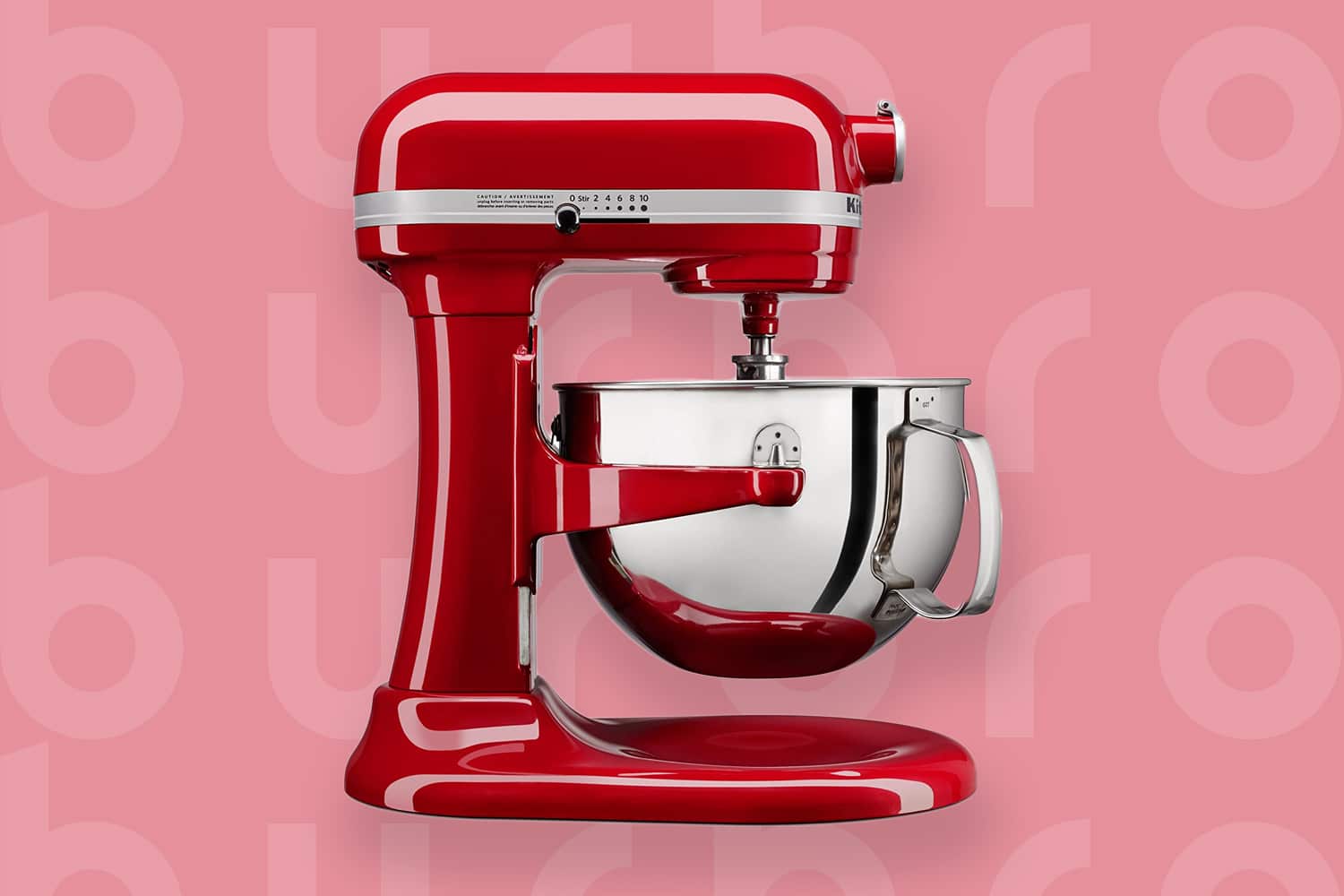 This is the cover photo for our Best Stand Mixer article. It features a red Cuisinart stand mixer overlaying a light red background with an embossed Burbro logo.