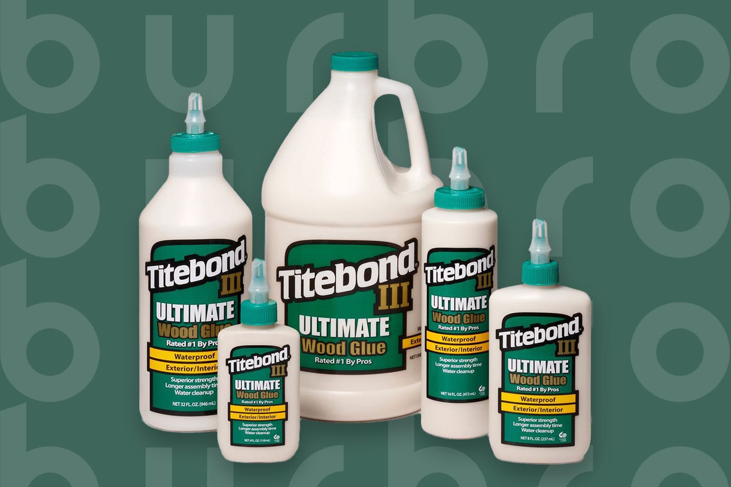 This is the cover photo for our Best Wood Glue article. It features various sized bottles of Titebond III Ultimate Wood Glue overlaying a green background with an embossed Burbro logo.
