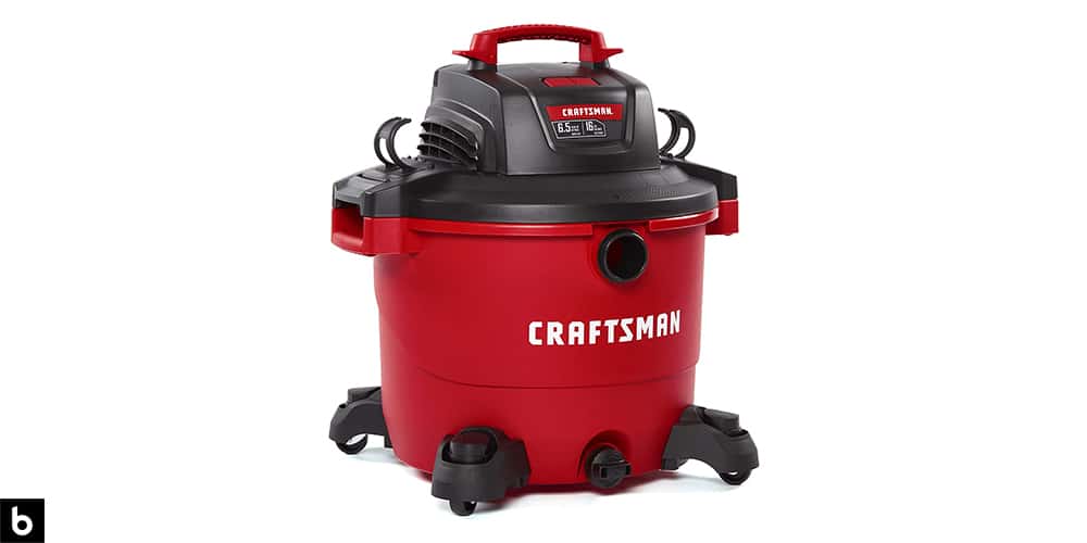 This is a photo of a red and black Craftsman 16-Gallon wet/dry vacuum overlaid on a minimalistic white background with a Burbro logo.
