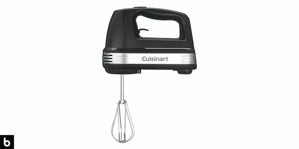 This is a photo of a black and silver colored Cuisinart Power Advantage Mixer overlaid on a minimalistic white background with a Burbro logo.