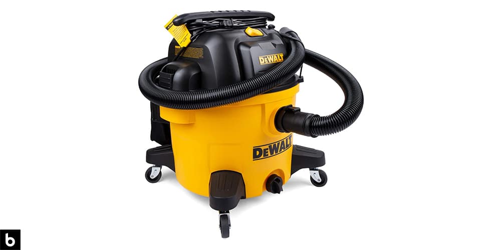 This is a photo of a yellow and black DeWalt 9-Gallon Pro Poly Shop Vac overlaid on a minimalistic white background with a Burbro logo.
