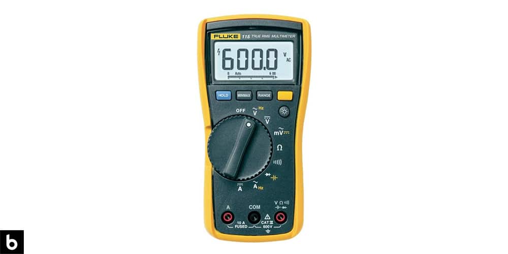 This is a photo of a yellow Fluke 115 Compact TRMS Multimeter overlaid on a minimalistic white background with a Burbro logo.